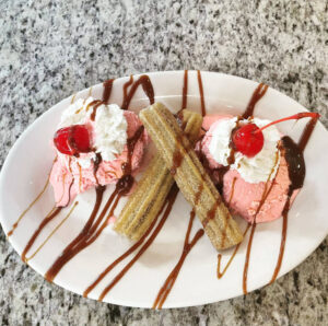 Box Filled Churros with Strawberry Ice Cream
